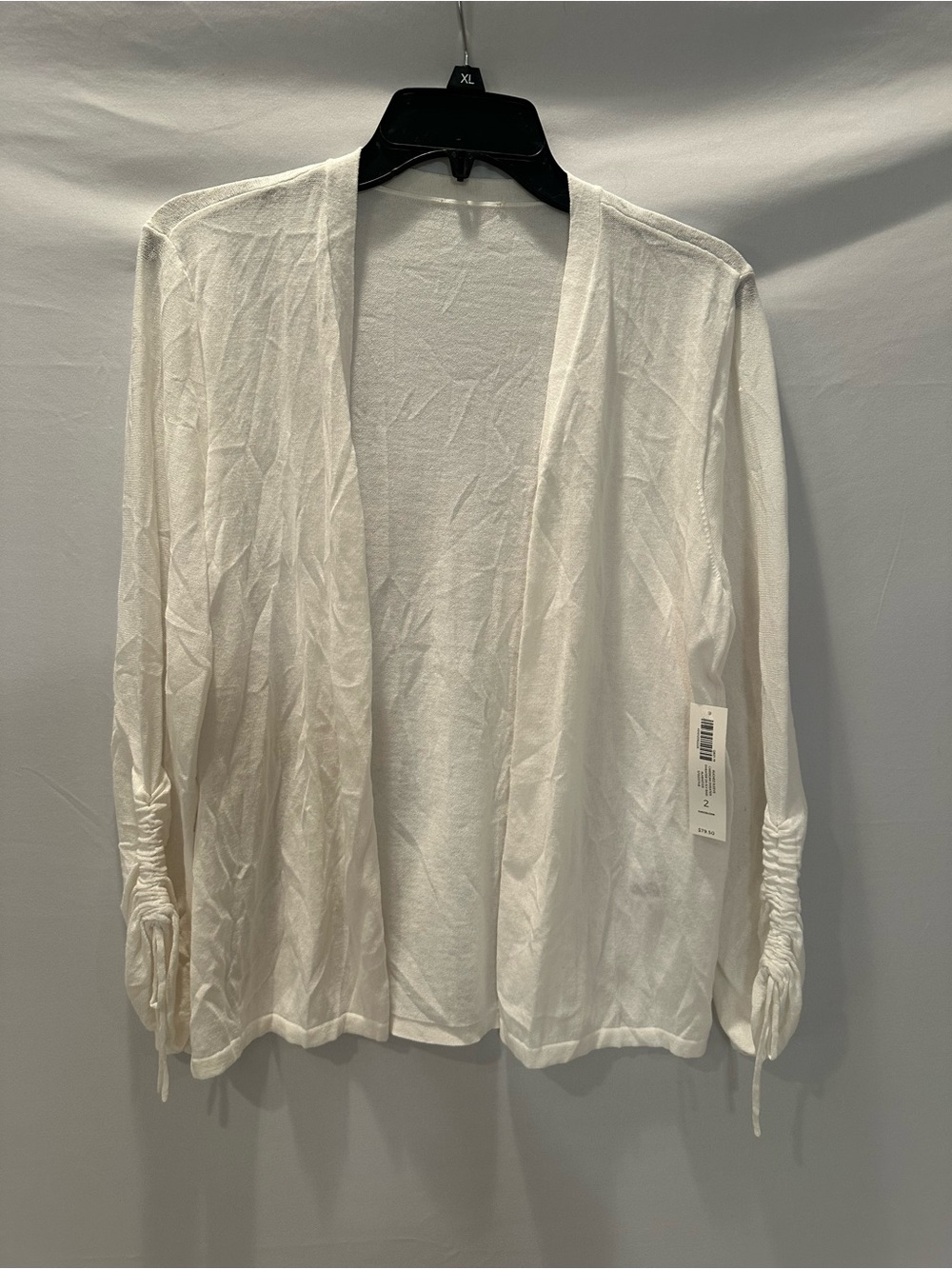 Chico's Sheer White Ruched-Sleeve Open Cardigan